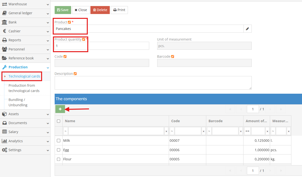 Example of a technology card in the system